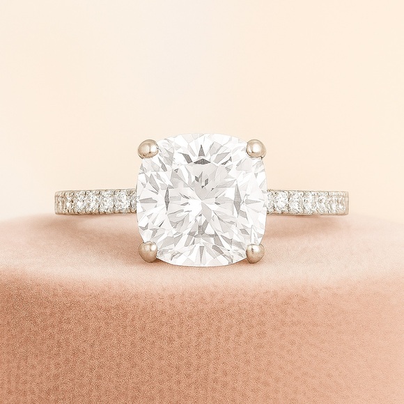 3ct Cushion Cut D, VVS1 Moissanite Pave Ring - Picture 14 of 15